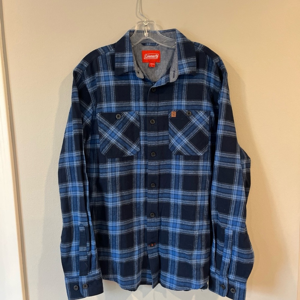 Coleman Mens Flannel Shirt Lg Blue Plaid 100% Cotton Long Sleeve Outdoor Casual